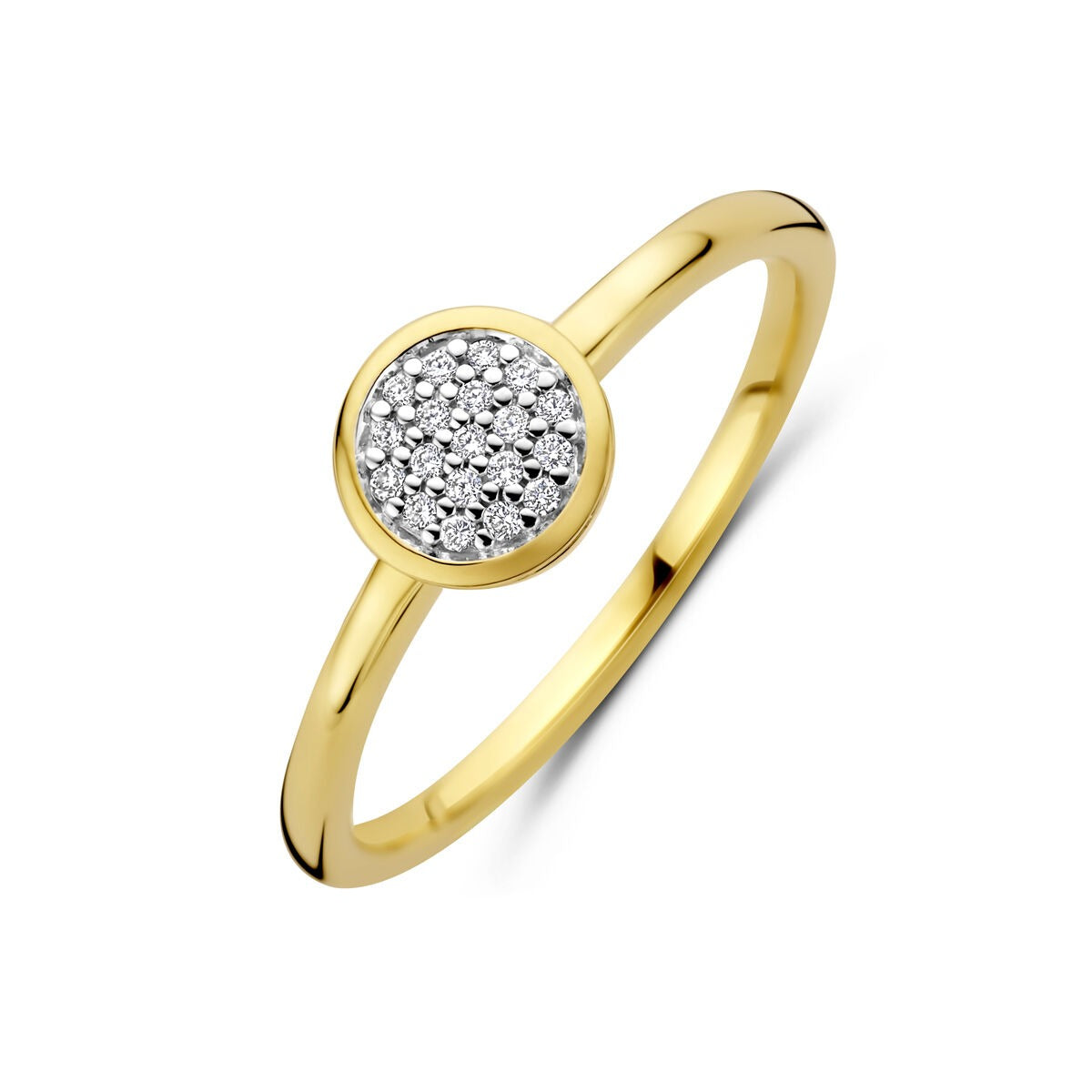 Ring aus 14k Gelbgold mit rundem, mit Diamanten besetztem Kopf