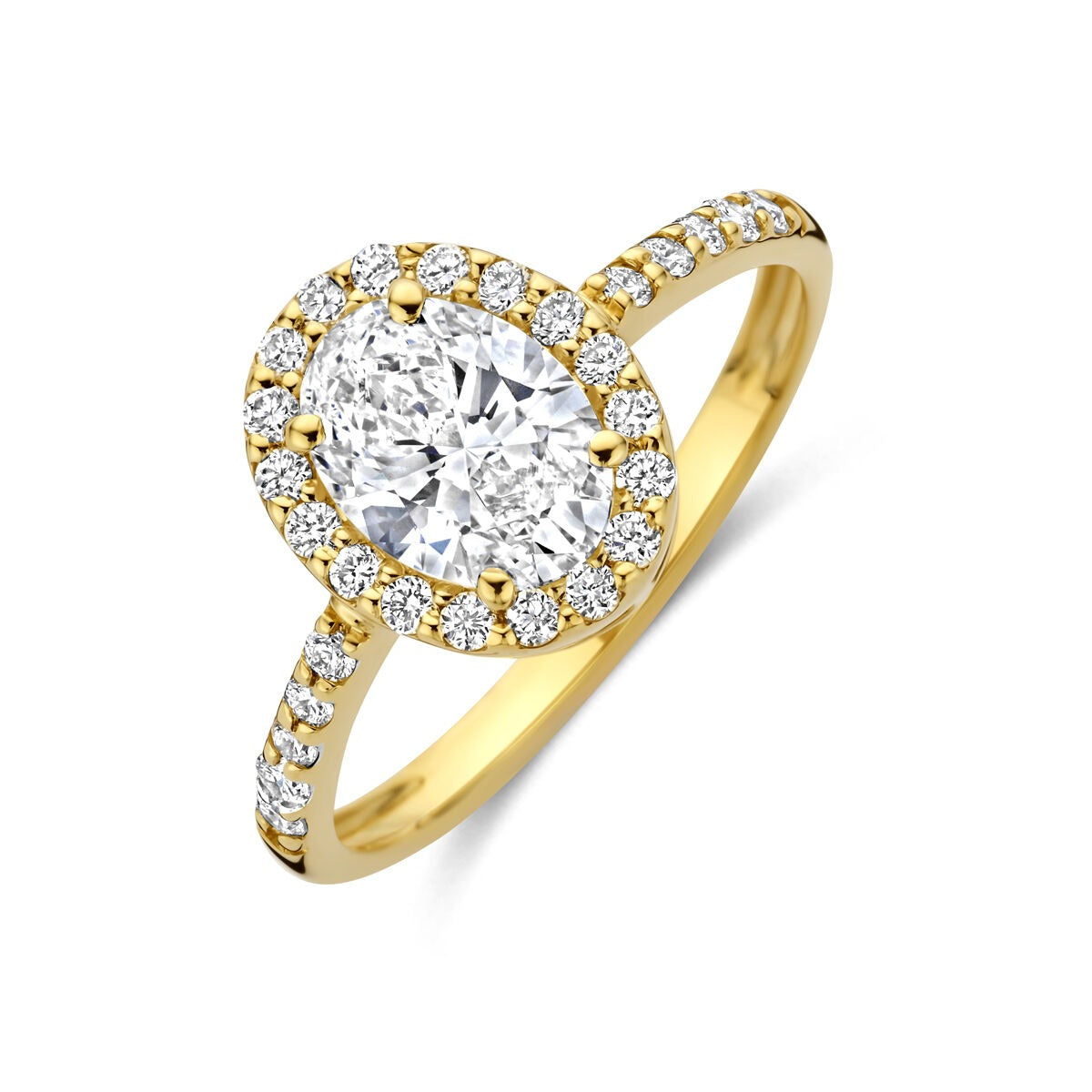 Ring aus 14k Gelbgold mit ovalem, lab-grown Diamanten und kleinen, funkelnden Steinen am Band