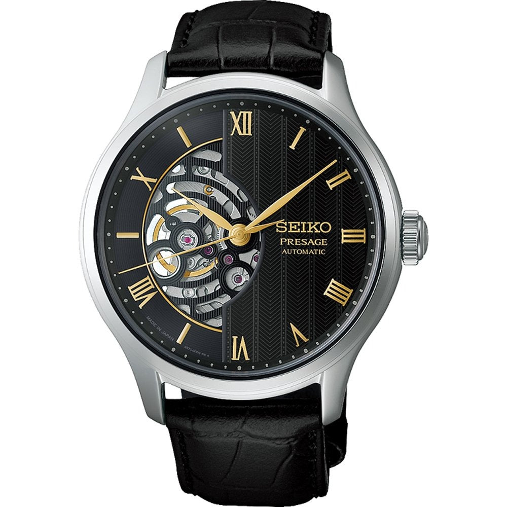 Herrenautomatik-Uhr mit schwarzem Zifferblatt, goldenen Zeigern und schwarzem Lederarmband