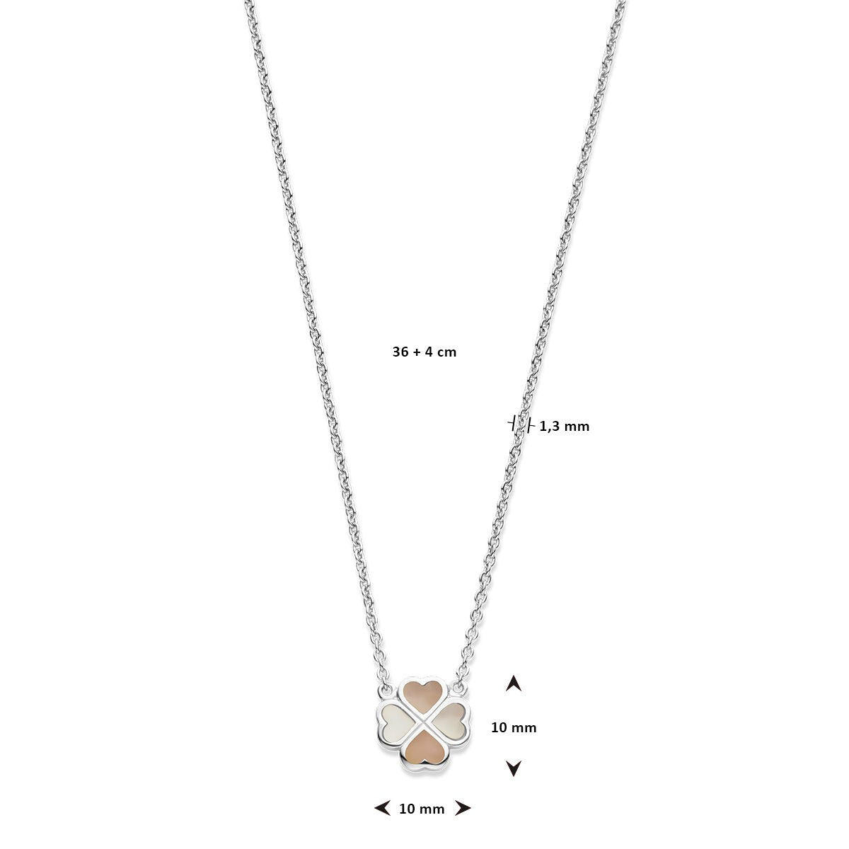 Silberne Kinderkette mit Kleeblatt-Anhänger – rhodiniert mit rosa und weißem Perlmutt