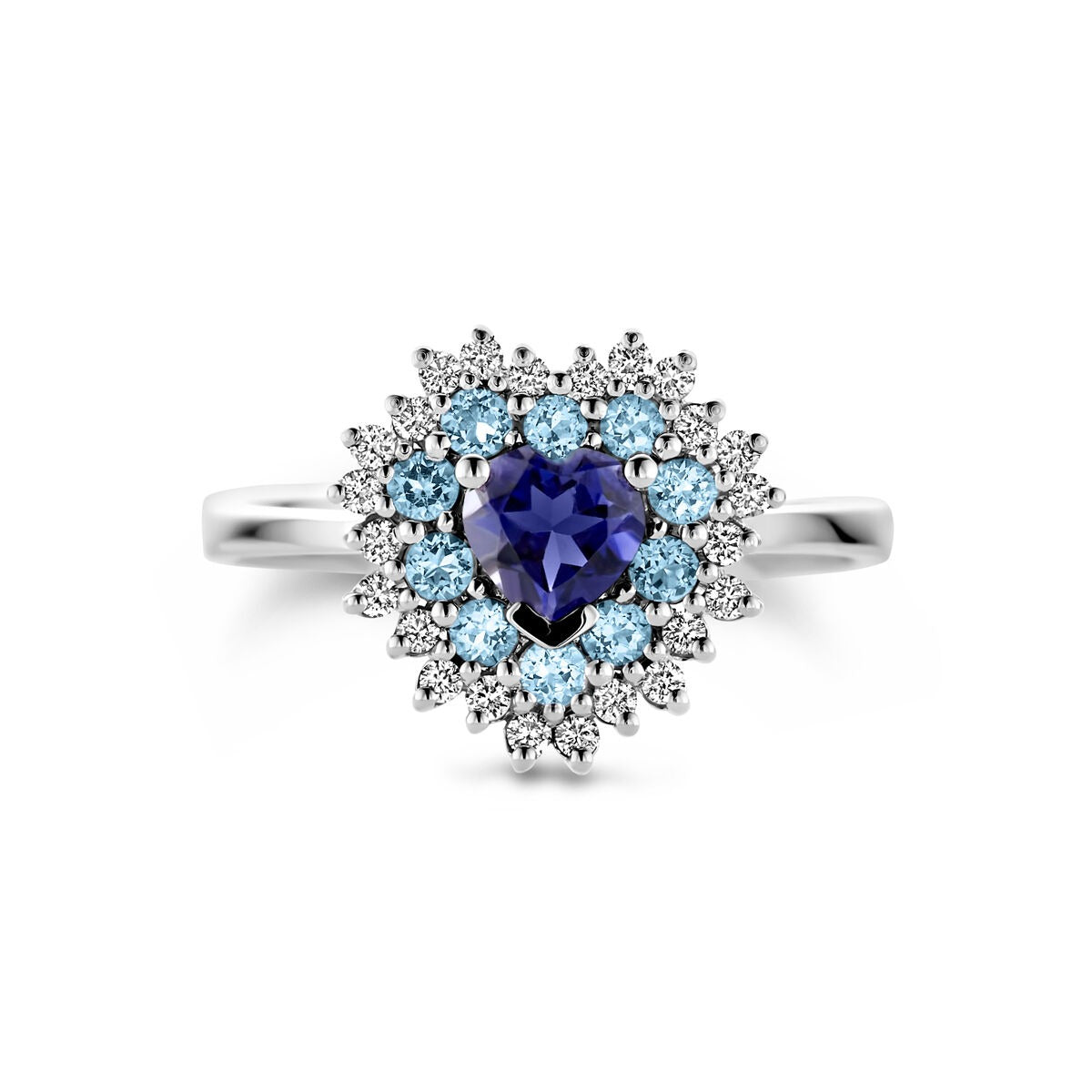 Weißgoldring mit Herzform – London Blue Topas, Iolith und Diamant