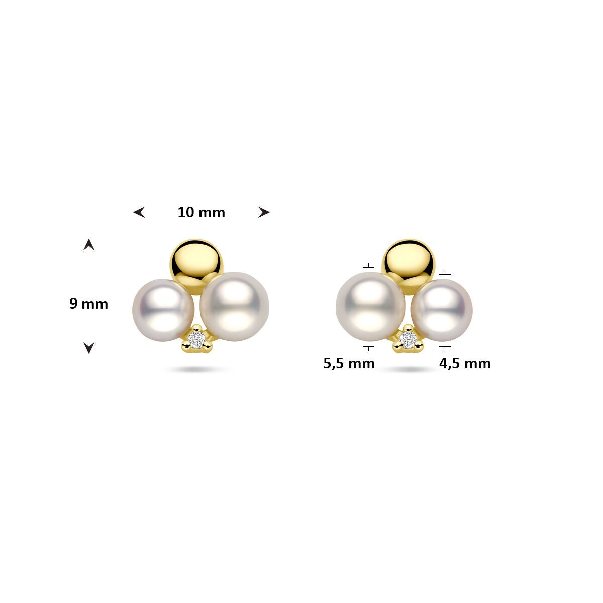 Goldohrringe mit Perle und Diamant – 14k Damen-Ohrstecker 0.02ct (2x 0.01ct) h si 9 mm