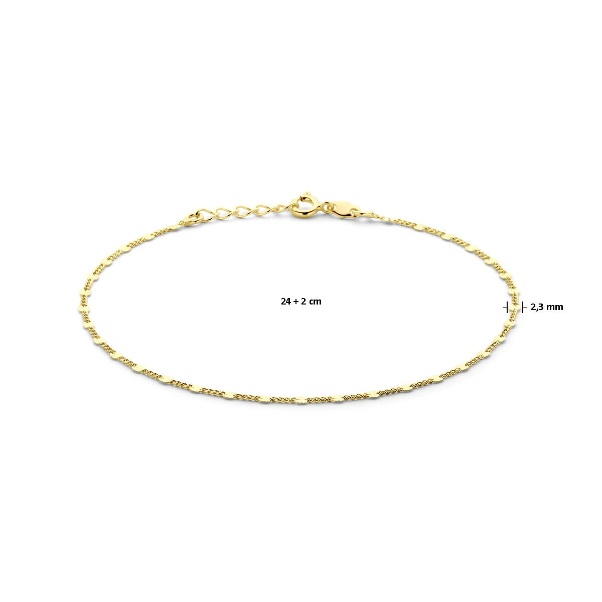 Vergoldetes Silberfußkettchen mit Platten- und Röhrchengliedern – 24 bis 26 cm, 2,3 mm breit