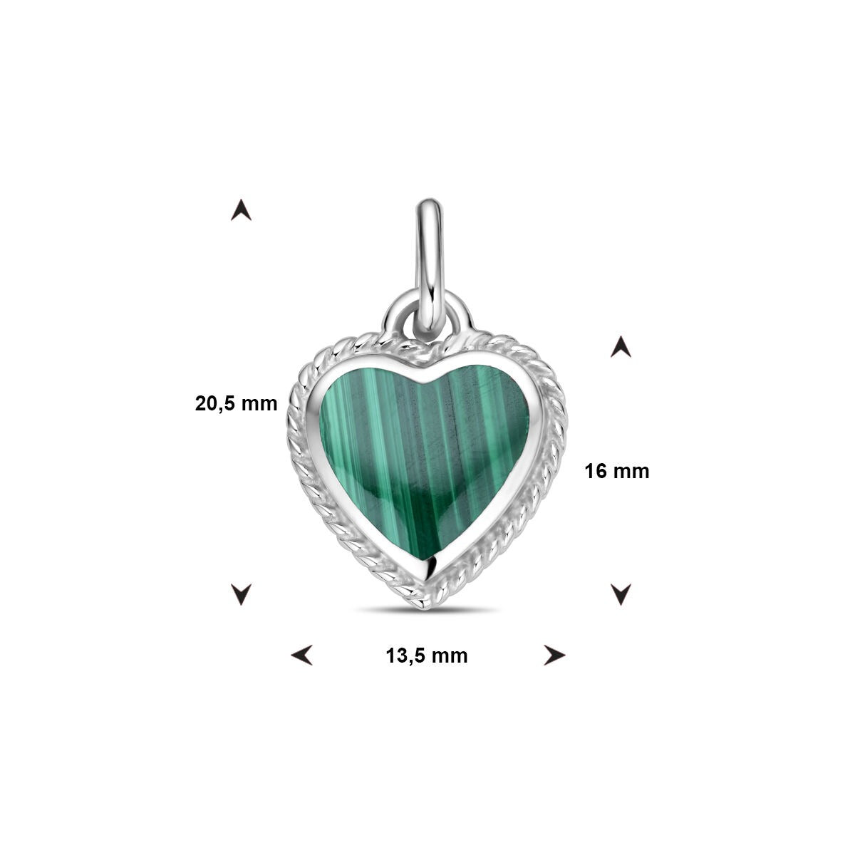 Rhodinierter Silberanhänger mit Malachit – Herzform 20,5 mm