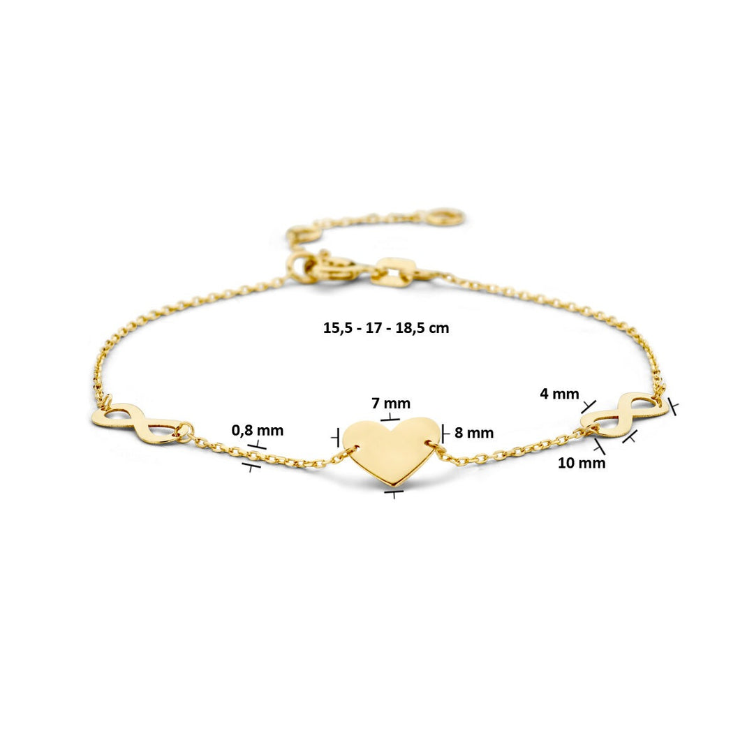 9k geelgouden armband met hart en infinity