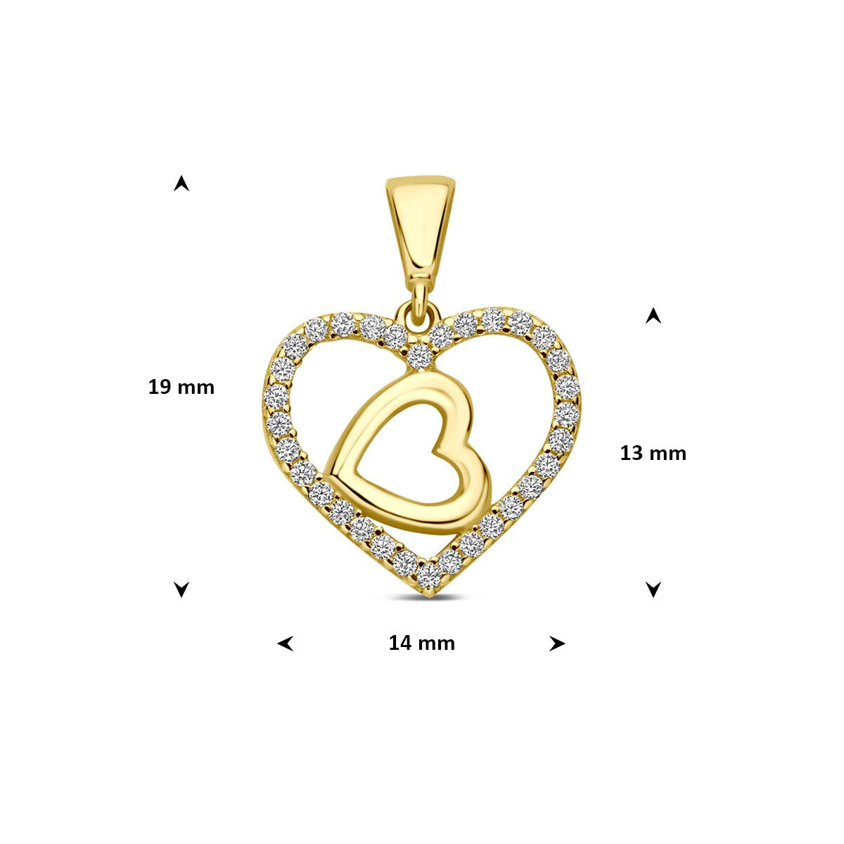 9K Gelbgoldkette mit Anhänger Doppeltes Herz Zirkonia