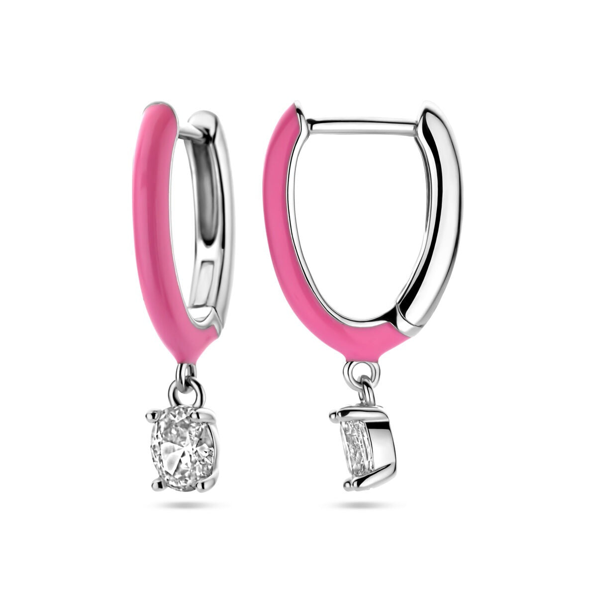Ohrhänger aus Zirkonia und rosa Emaille, Silber rhodiniert
