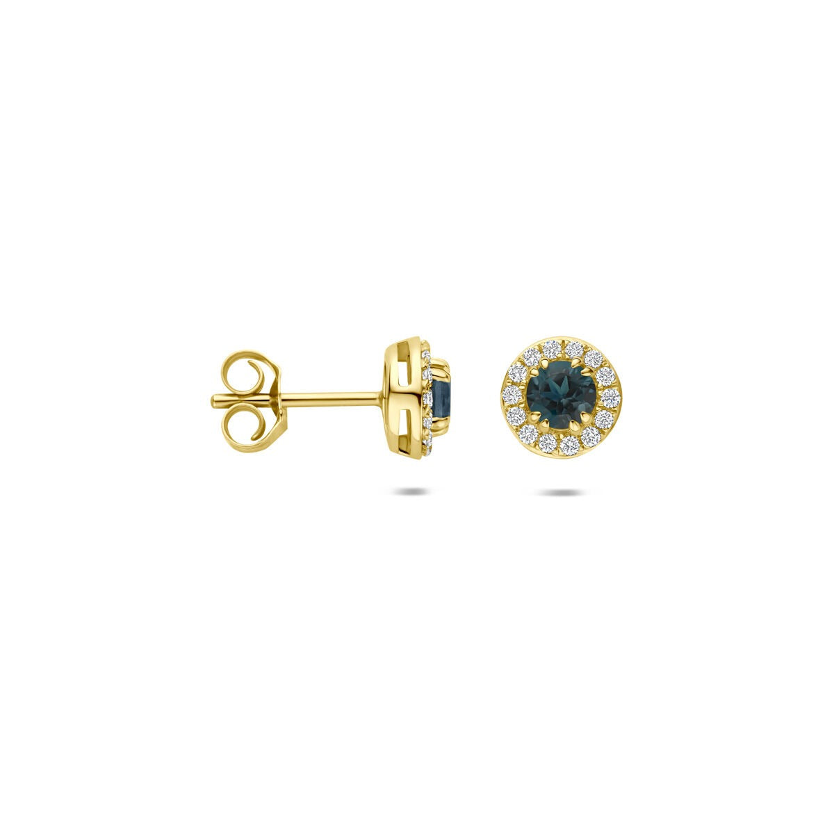 14K Gelbgold-Ohrstecker mit London Blue Topas und im Labor gezüchtetem Diamant