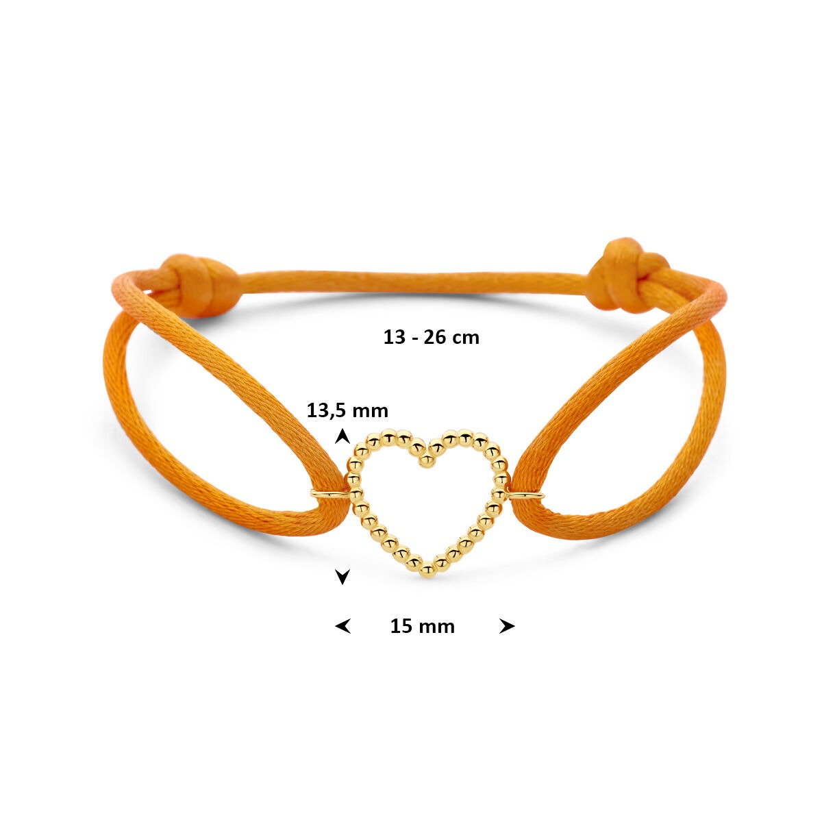 Oranges Satinarmband für Damen mit 14k Gelbgoldherz – Eine warme Geste der Liebe