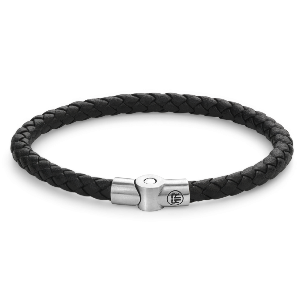 Schwarzes geflochtenes Armband aus Leder mit silberner Verschlusskappe