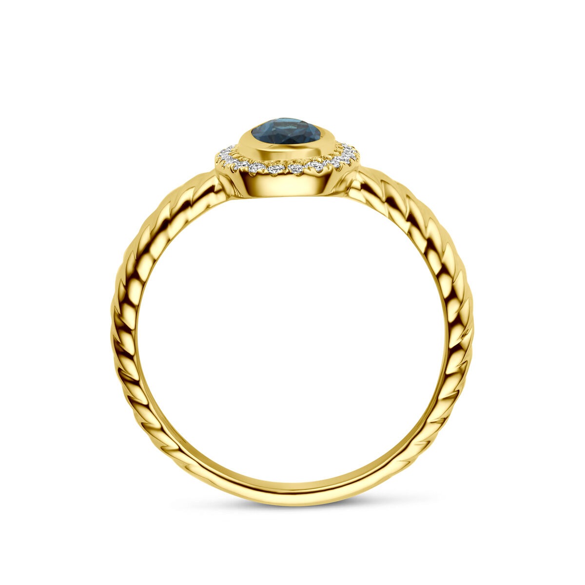 14k Gelbgoldring mit London Blue Topas und im Labor gezüchtetem Diamanten