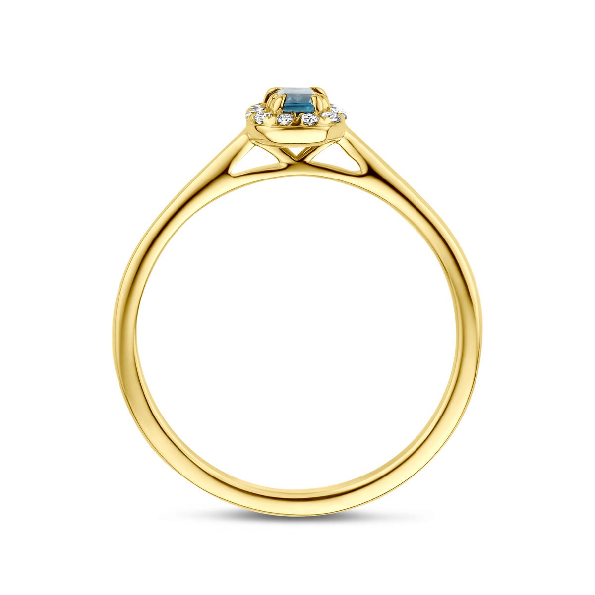 14 Karat Gelbgold Entourage-Ring mit London Blue Topas und im Labor gezüchtetem Diamanten
