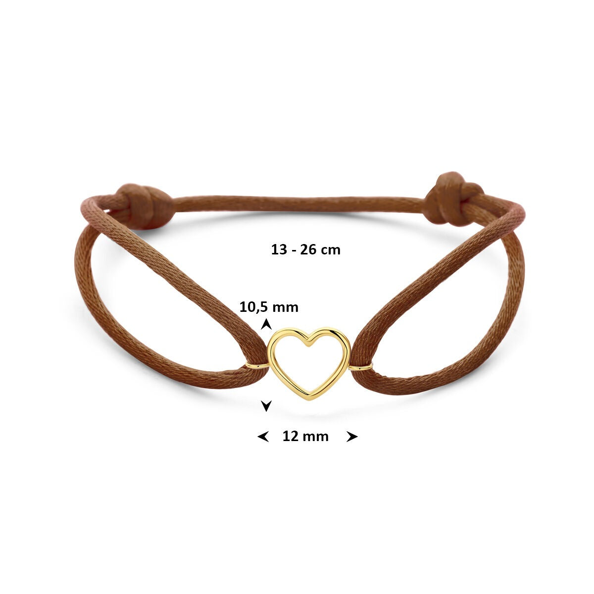 Braunes Satinarmband für Damen mit 14k Gelbgold-Herzchen – Dezentes Liebessymbol in warmen Farbtönen