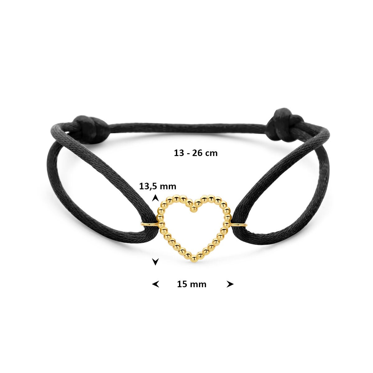 Schwarzes Satinarmband mit 14-karätigem Goldherz