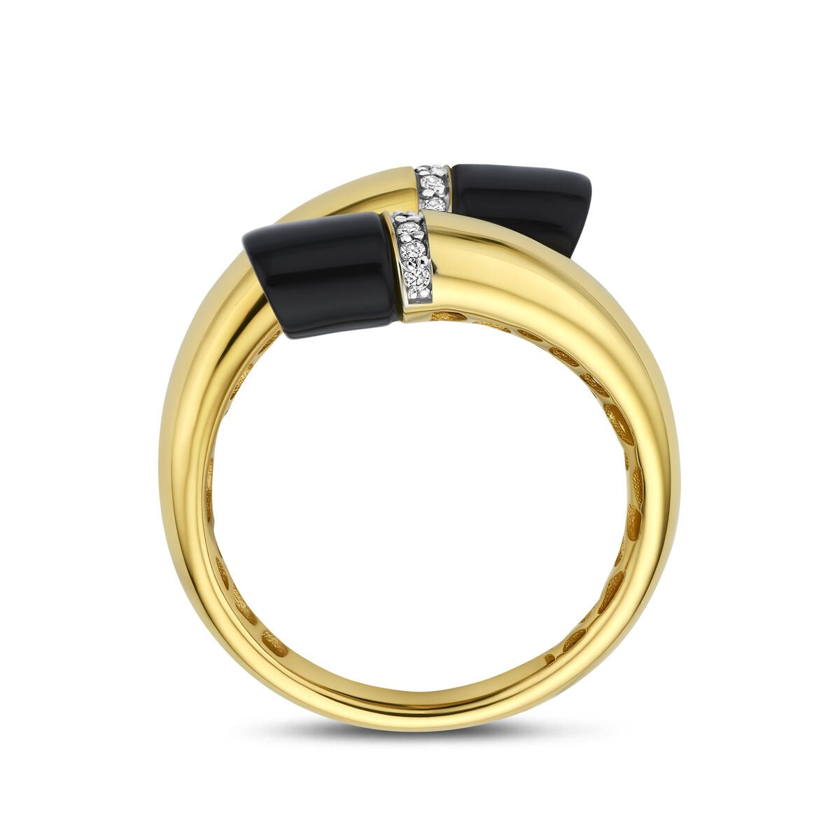 14 Karat Gelbgold Damenring mit Onyx und Diamanten – 16 mm breit