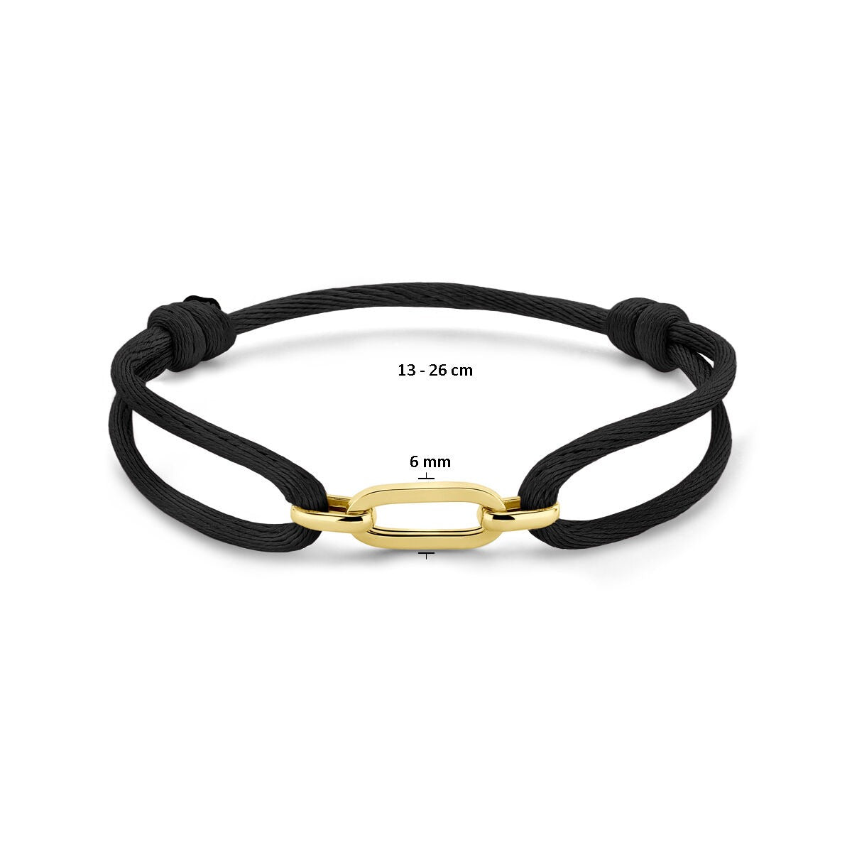 Schwarzes geflochtenes Damenarmband mit 14 Karat Gelbgoldglied – verstellbar 13–26 cm