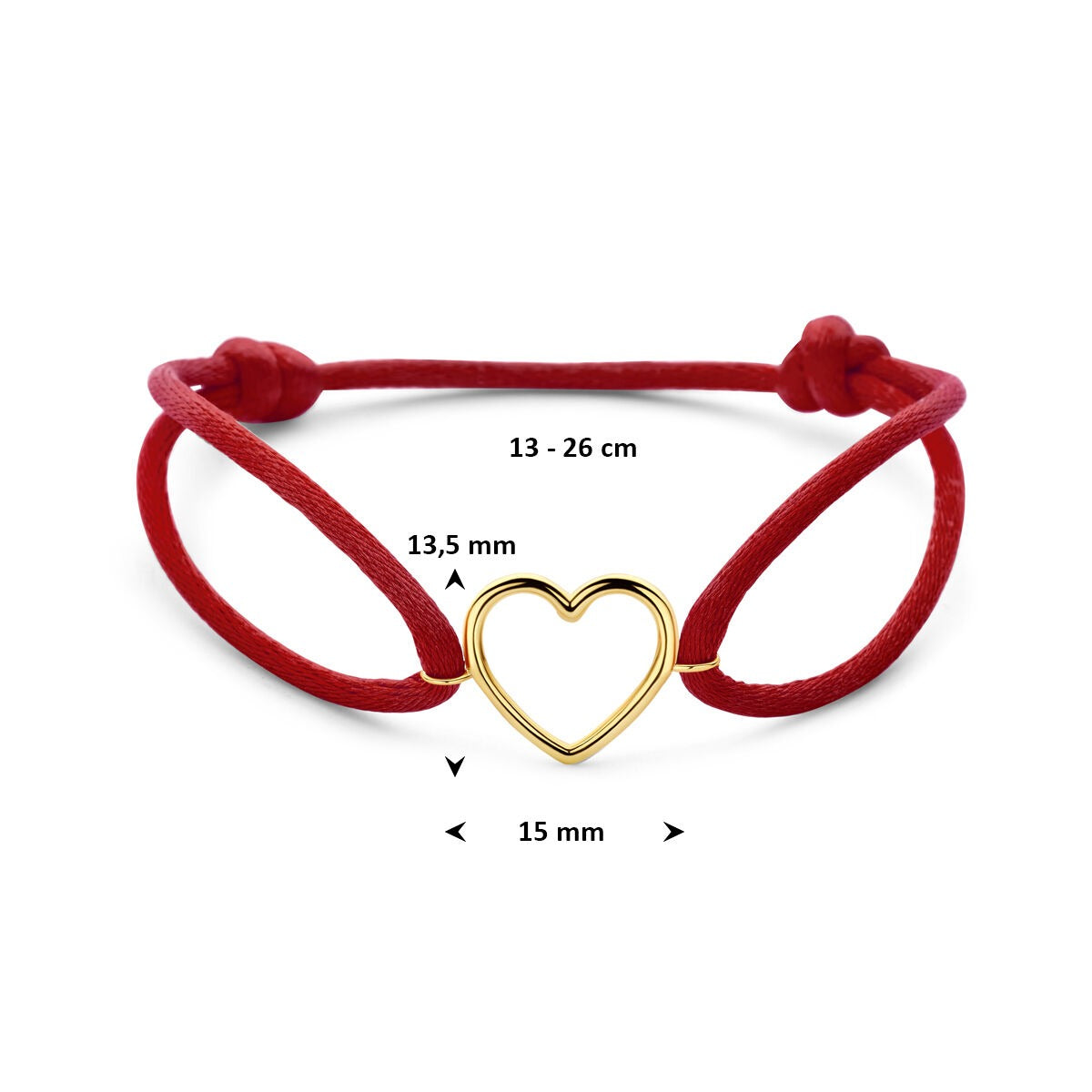 Rotes Satinarmband für Damen mit 14k Gelbgold-Herz – Ein Statement der Liebe in warmem Rot und Gold