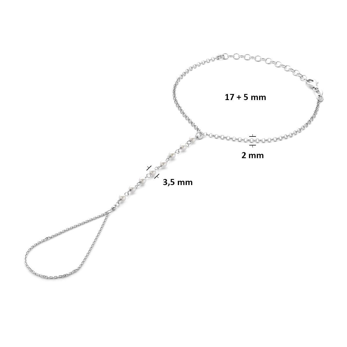 Silberner Damenschmuck für die Hand mit Perlen und Ankerkette