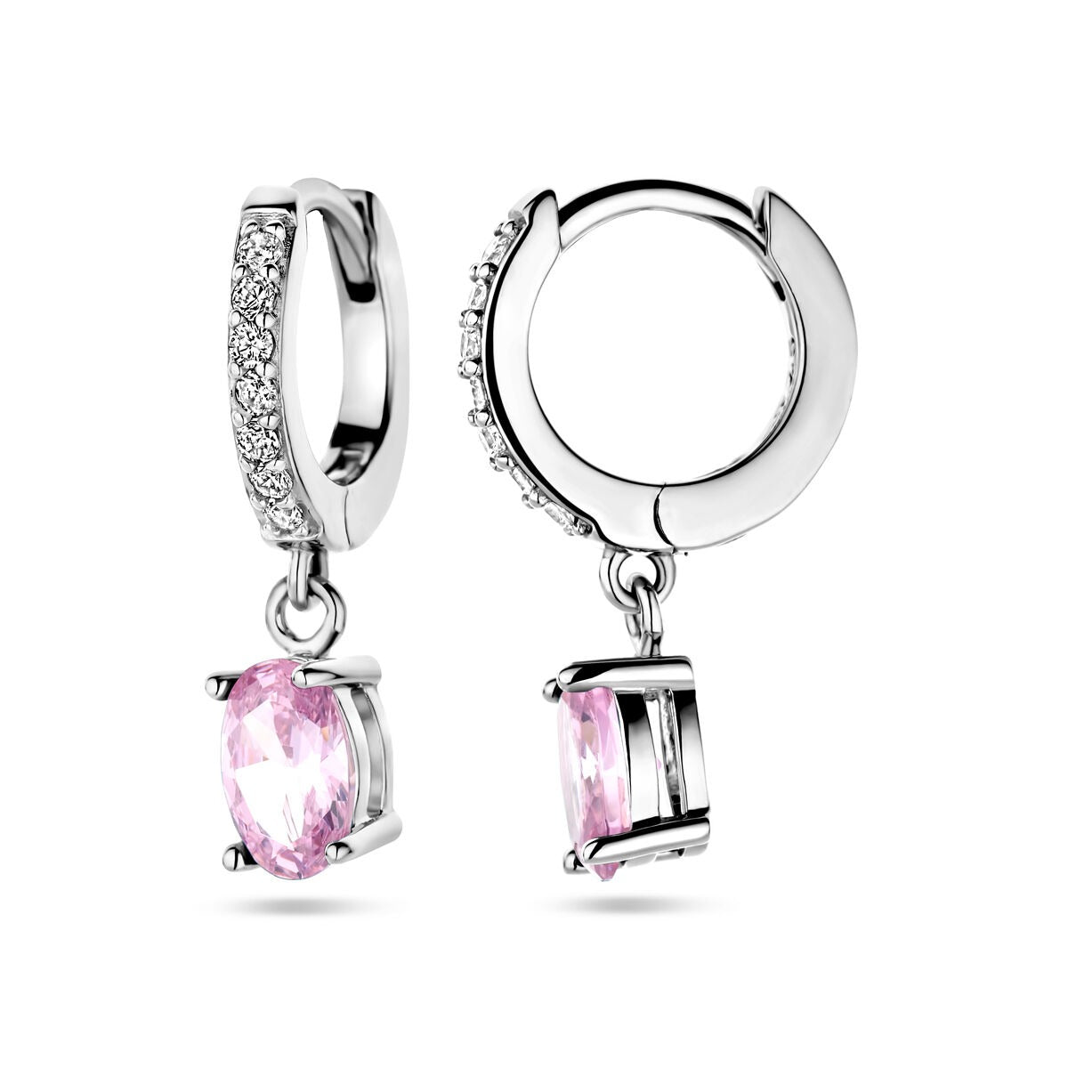 Rhodinierte Klappcreolen aus Silber mit rosa und weißen Zirkonias