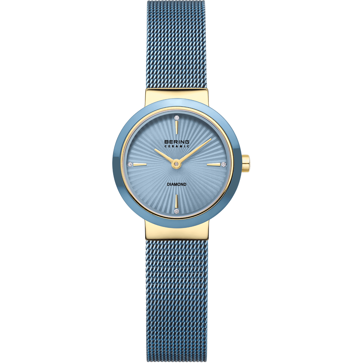 Damenarmbanduhr mit blauem Zifferblatt und goldfarbenem Gehäuse, Mesh-Armband in Blau