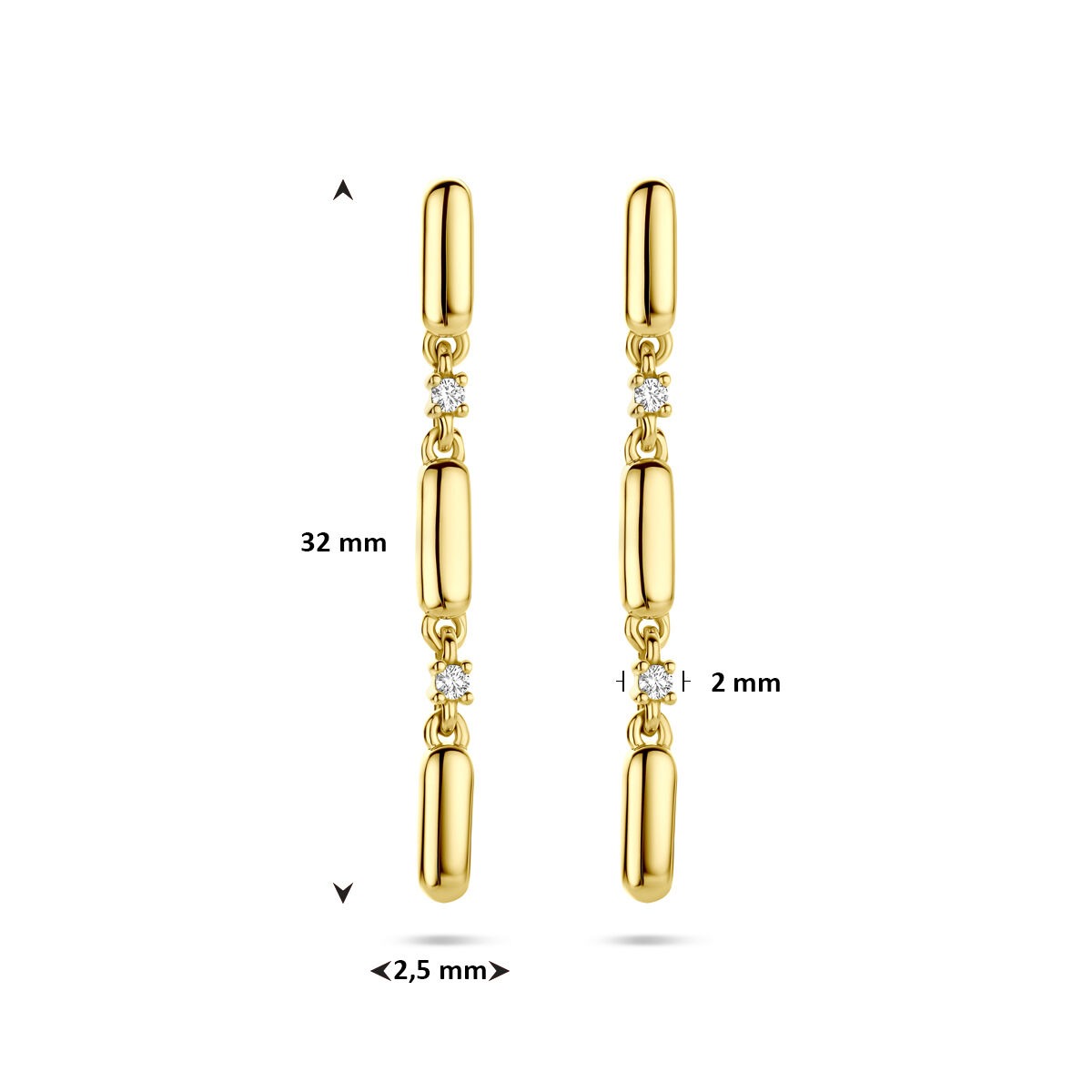 Goldene Ohrhänger mit Diamant – 14 Karat Gelbgold, 0,06 ct Diamant im Brillantschliff (2x 0,03 ct) H SI 32 mm