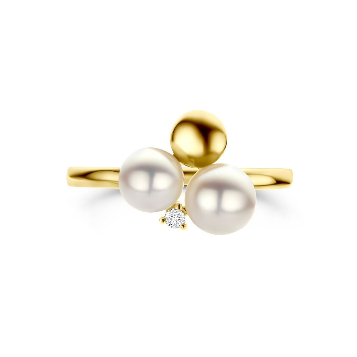14k Gelbgold Damenring mit Perle und Diamant – 11 mm breit