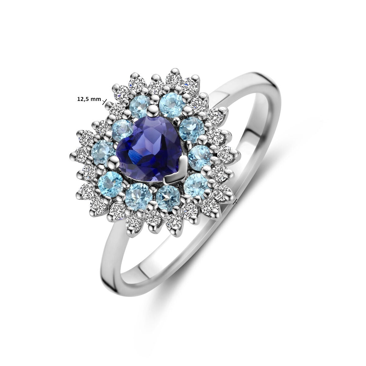 Weißgoldring mit Herzform – London Blue Topas, Iolith und Diamant