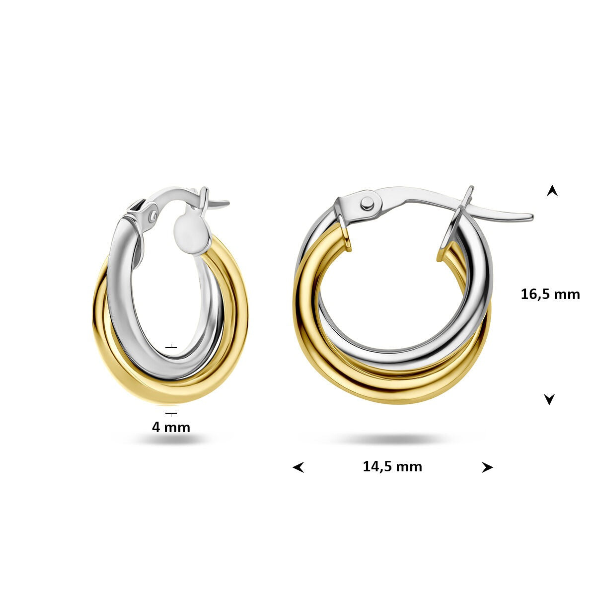 14K Bicolor Gelb- und Weißgold Ohrringe 4 mm Damen Klappverschluss
