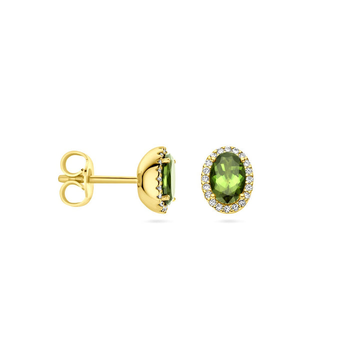 Ohrstecker grüner Turmalin und Diamant 0,12 ct (2x 0,06 ct) h si Halo 14K Gelbgold