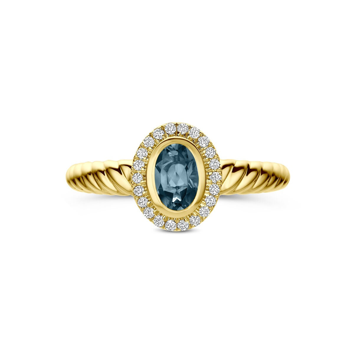 14k Gelbgoldring mit London Blue Topas und im Labor gezüchtetem Diamanten