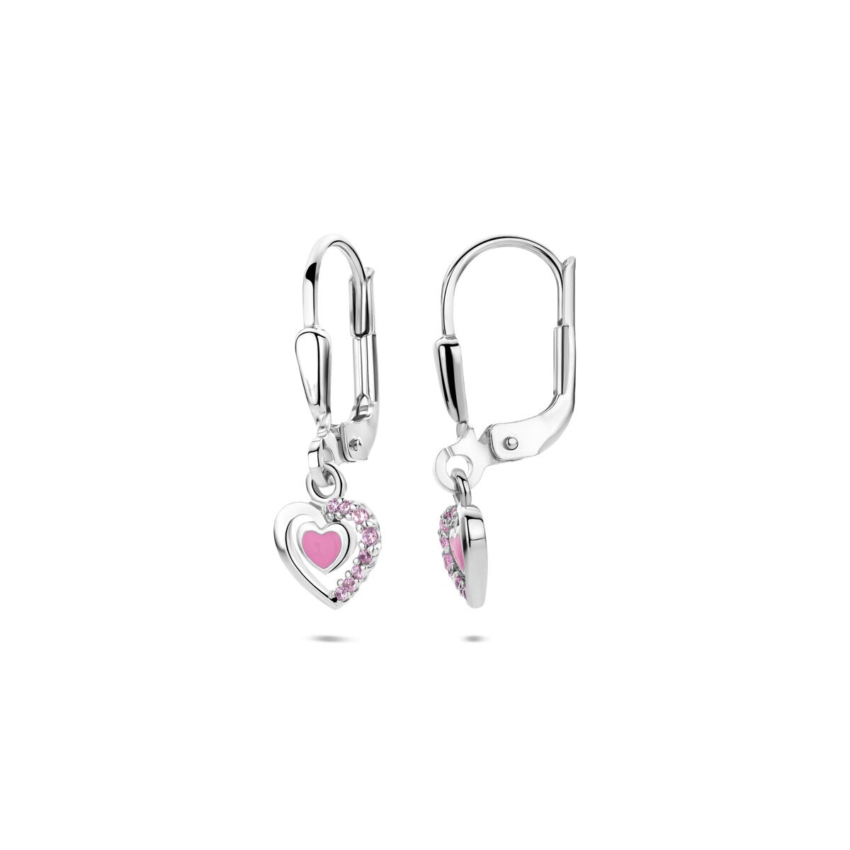 Silberne Ohrhänger mit Emaille-Herz und rosa Zirkonia – 21 mm