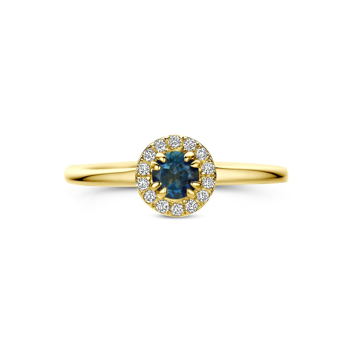 14K Gelbgoldring mit London Blue Topas und im Labor gezüchtetem Diamanten