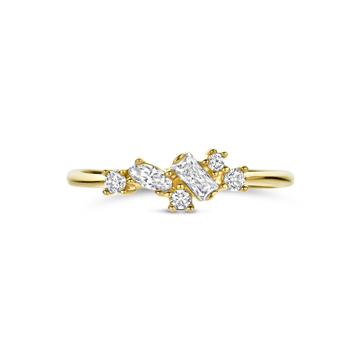 Damenring aus 14 Karat Gelbgold mit Zirkonia in Entouragefassung