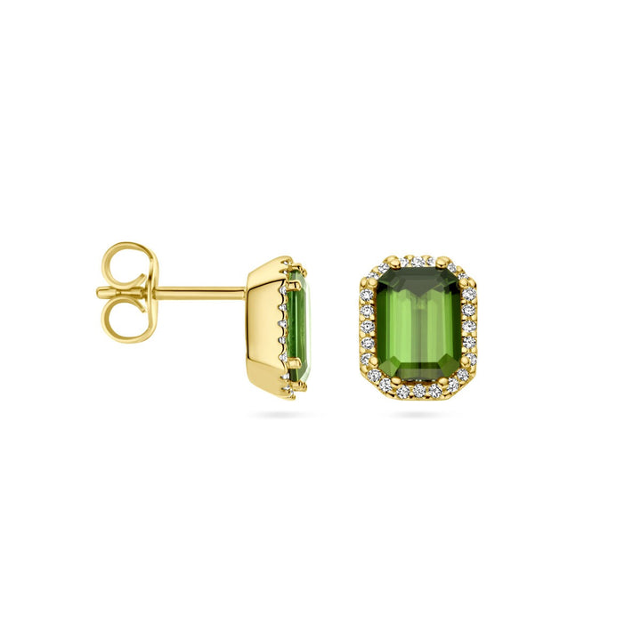 Ohrstecker grüner Turmalin und Diamant 0,14 ct (2x 0,07 ct) h si Halo 14 K Gelbgold