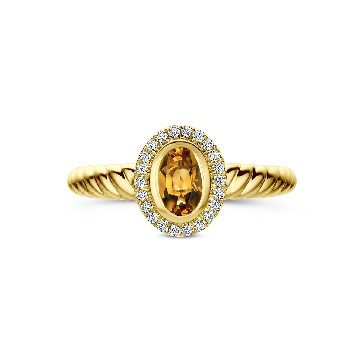 14k Gelbgoldring mit Citrin und im Labor gezüchtetem Diamanten