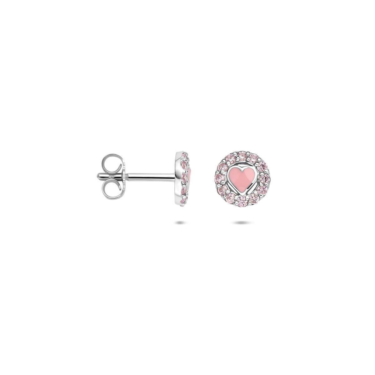 Silberohrstecker mit Emailleherz und rosa Zirkonia – 7 mm