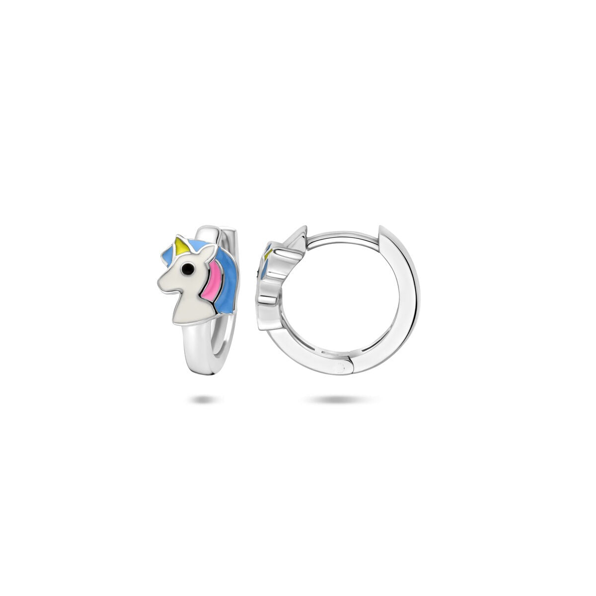 Ohrringe Kinder Klappcreolen aus Silber mit Emaille-Einhorn – 13 x 6 mm