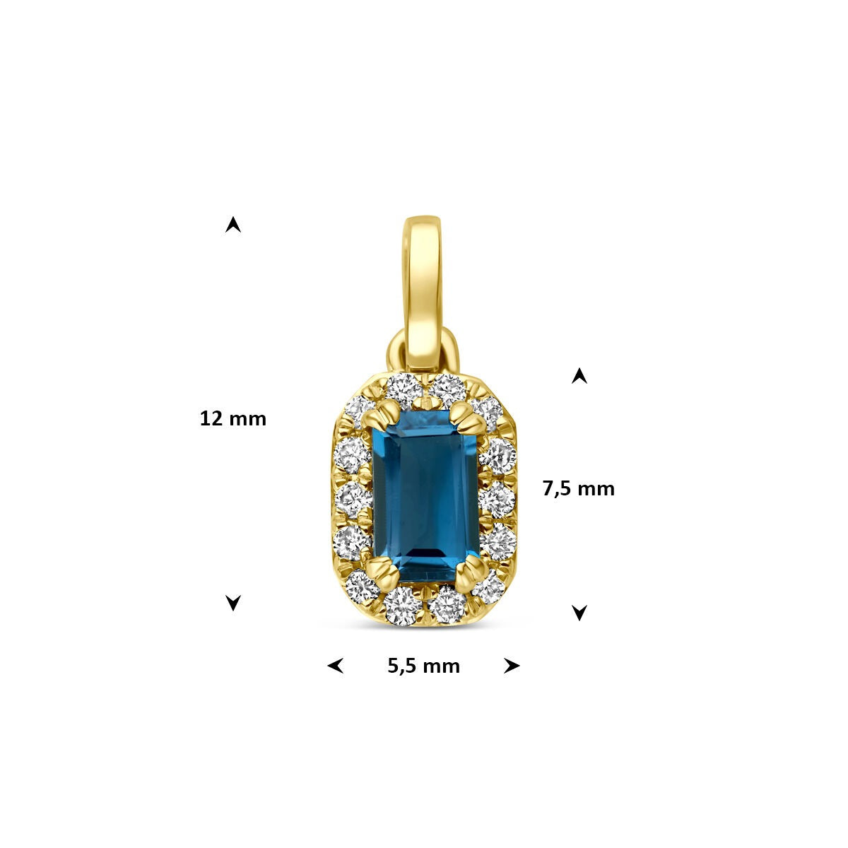 14k Gelbgoldanhänger mit London Blue Topas und im Labor gezüchtetem Diamanten
