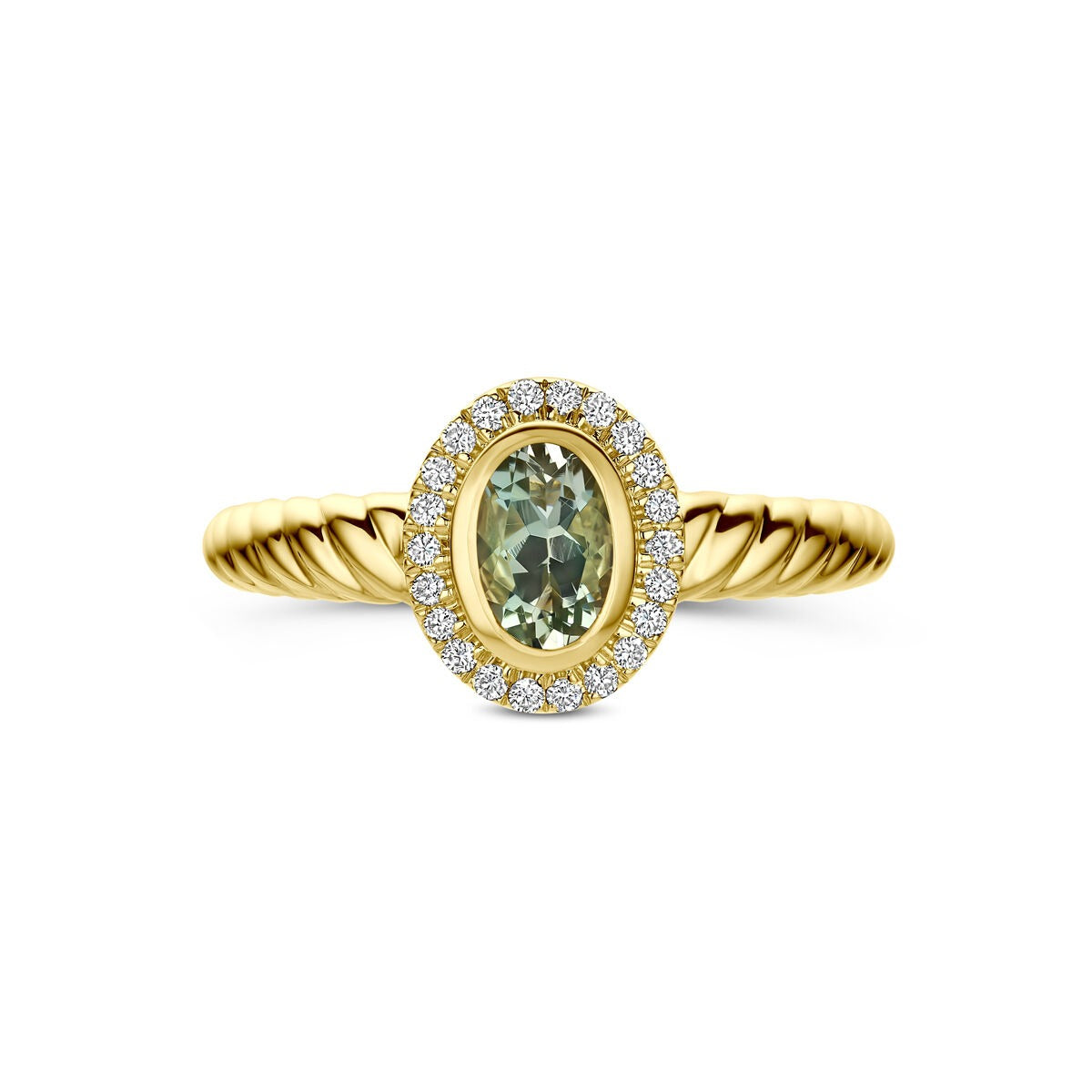 14K Gelbgoldring mit grünem Amethyst und im Labor gezüchtetem Diamanten
