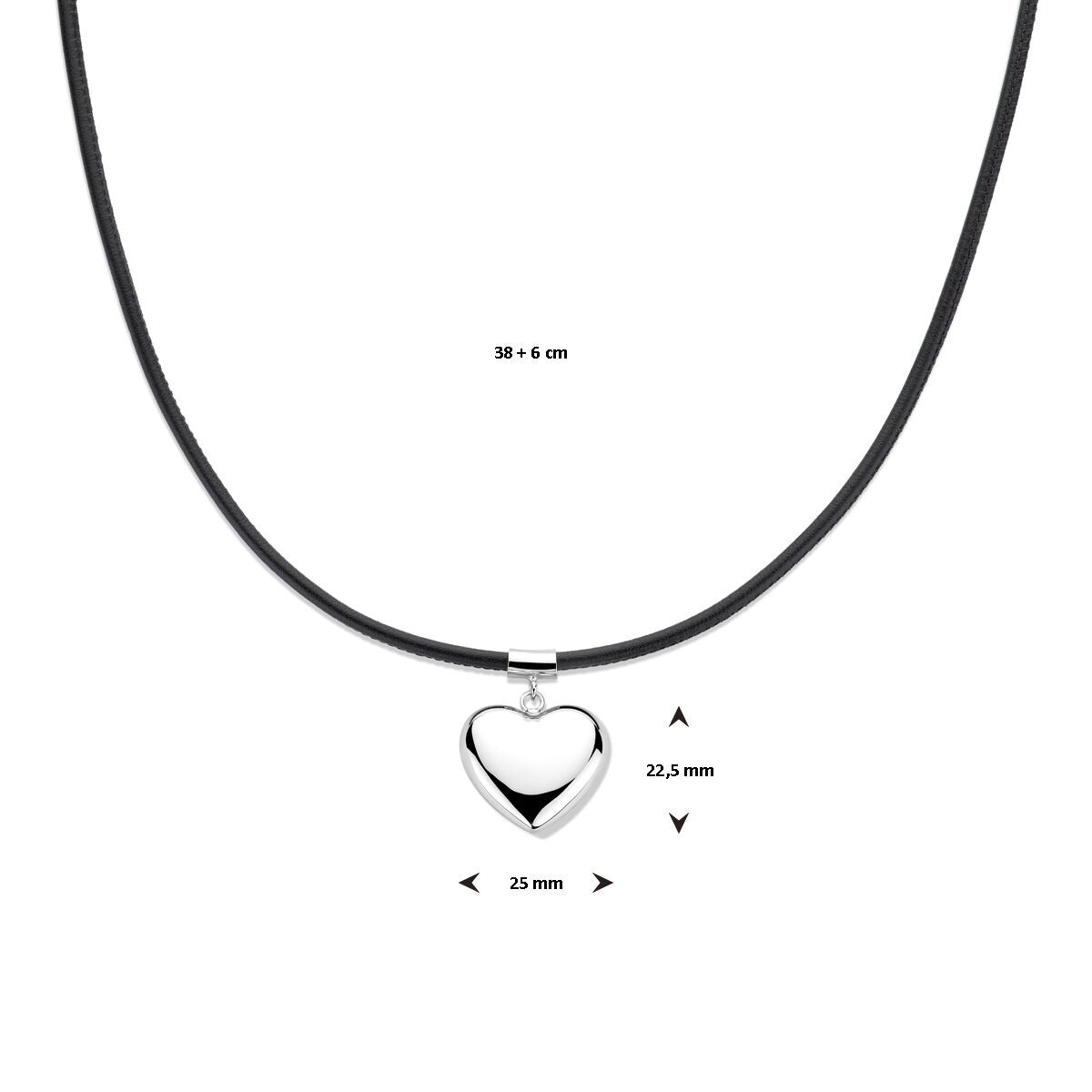 Rhodiniertes Silbercollier mit Herz und schwarzer Kordel