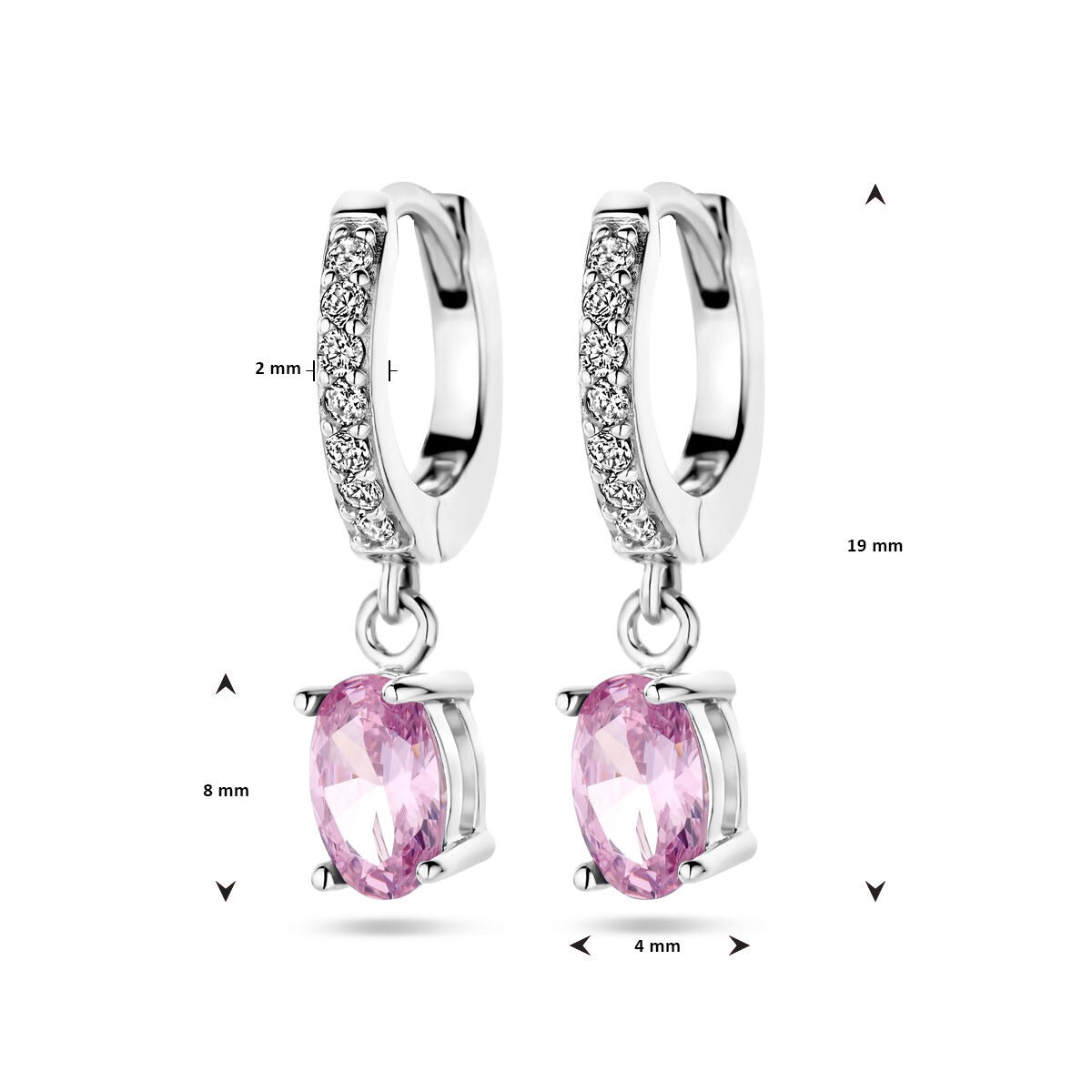 Rhodinierte Klappcreolen aus Silber mit rosa und weißen Zirkonias