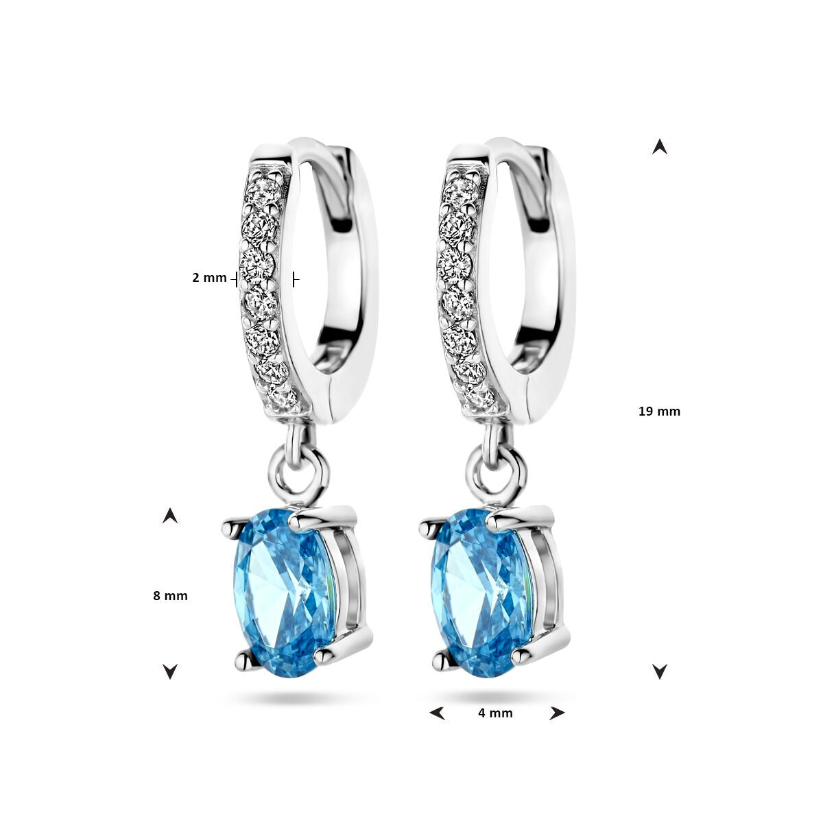 Rhodinierte Klappcreolen aus Silber mit weißen und blauen Zirkonia