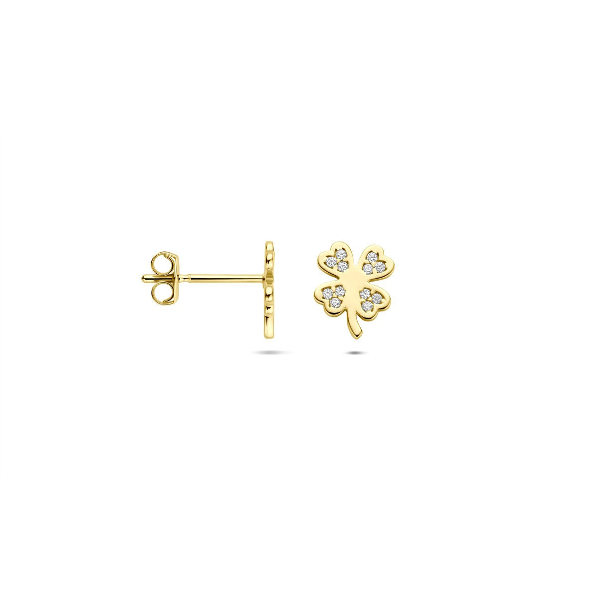 Ohrstecker Kleeblatt aus 14 Karat Gelbgold mit Zirkonia – 7,5 x 6 mm
