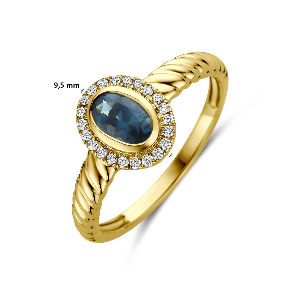 14k Gelbgoldring mit London Blue Topas und im Labor gezüchtetem Diamanten