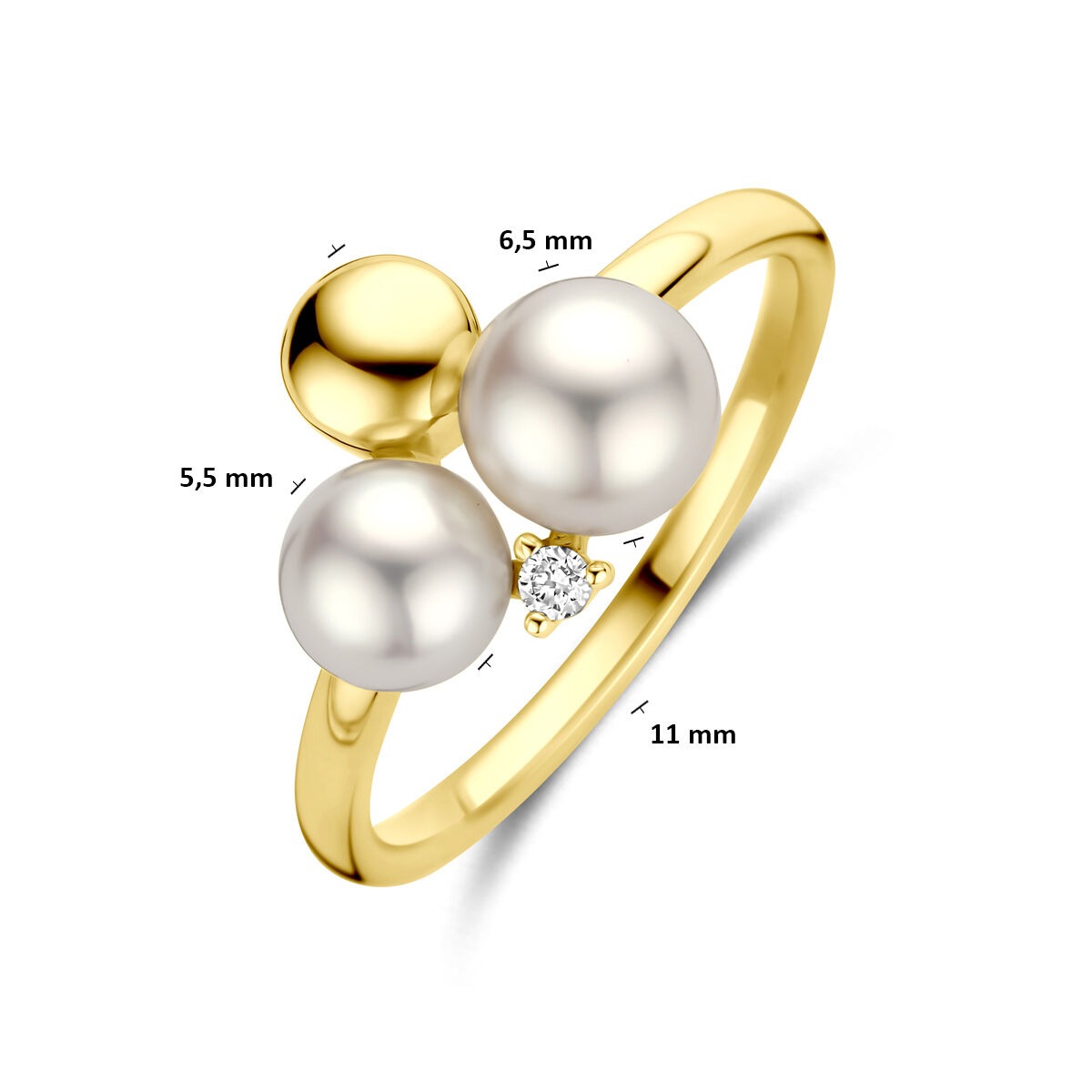 14k Gelbgold Damenring mit Perle und Diamant – 11 mm breit