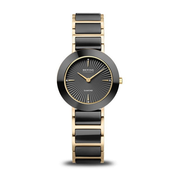 Damenarmbanduhr mit schwarzem Zifferblatt und goldfarbenem Gehäuse, schwarzem Armband aus Keramik.