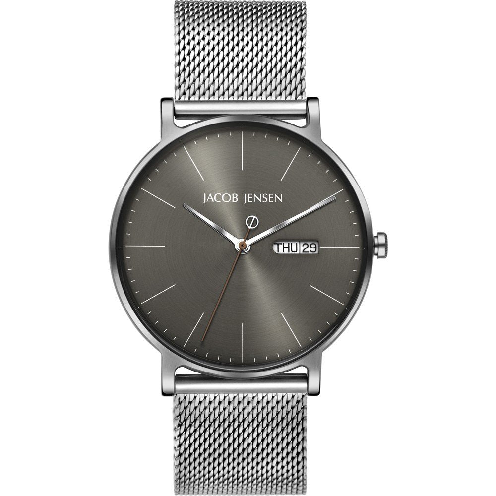 Uhr mit grauem Zifferblatt, silbernem Gehäuse und Mesh-Armband, Datumsanzeige auf der 3-Uhr-Position