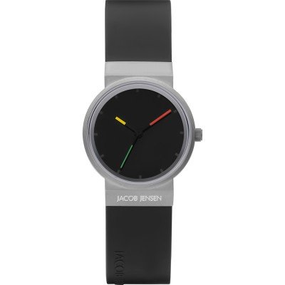 Uhr mit schwarzem Zifferblatt, silbernem Gehäuse und schwarzem Silikonarmband