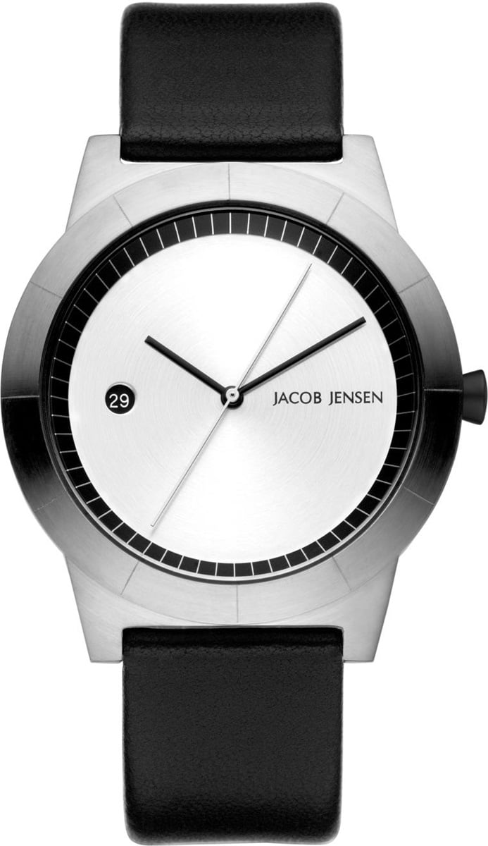 Uhr mit silbernem Gehäuse, weißem Zifferblatt und schwarzem Lederarmband