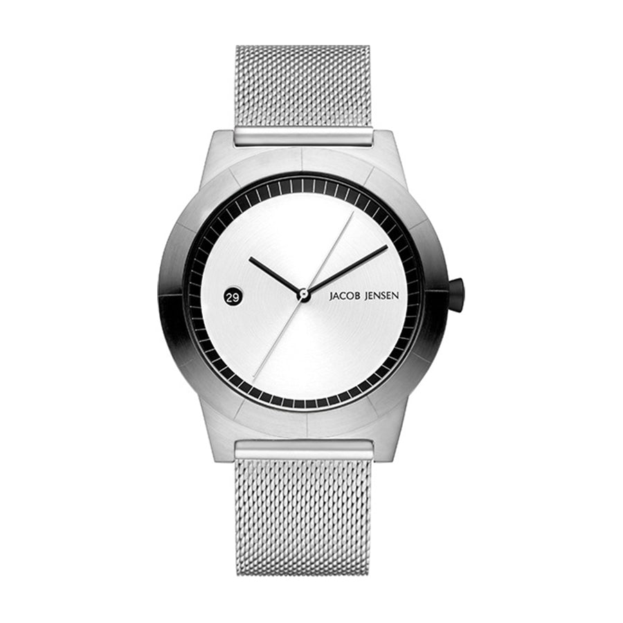 Herrenarmbanduhr mit silbernem Gehäuse, weißem Zifferblatt und silbernem Mesh-Armband